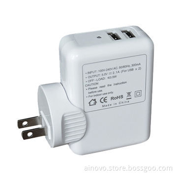 Universal travel plug adapter for iPhone, dual USB, 5V DC/2A, EU/US/UK/AUS plugs combo